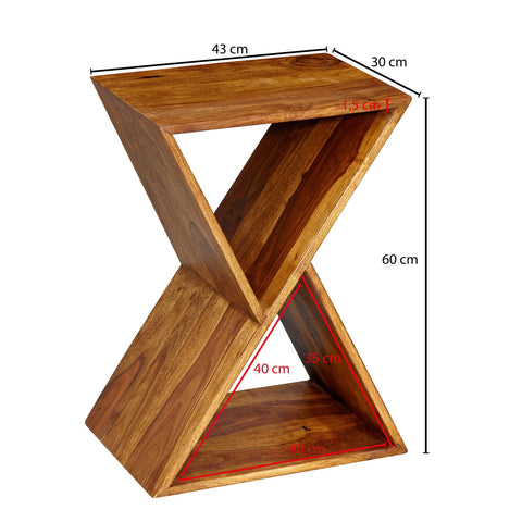 Rootz Side Table - Living Room Table with Shelves - Small Real Wood Coffee Table - X-Shape - Sheesham Solid Wood - 43x60x30 cm