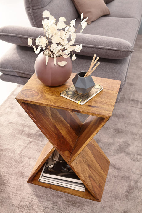 Rootz Side Table - Living Room Table with Shelves - Small Real Wood Coffee Table - X-Shape - Sheesham Solid Wood - 43x60x30 cm