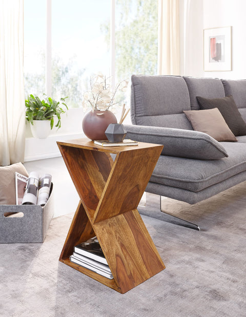 Rootz Side Table - Living Room Table with Shelves - Small Real Wood Coffee Table - X-Shape - Sheesham Solid Wood - 43x60x30 cm