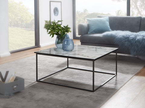 Rootz Square Coffee Table - White Marble Look - Modern Living Room Table with Black Metal Frame -  80x38x80 cm