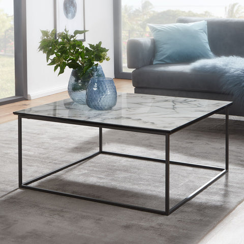 Rootz Square Coffee Table - White Marble Look - Modern Living Room Table with Black Metal Frame -  80x38x80 cm