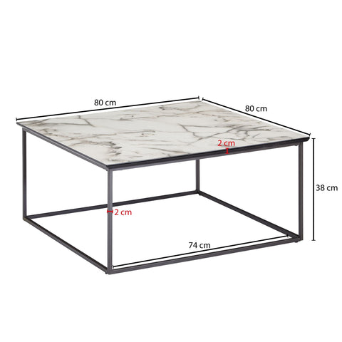 Rootz Square Coffee Table - White Marble Look - Modern Living Room Table with Black Metal Frame -  80x38x80 cm