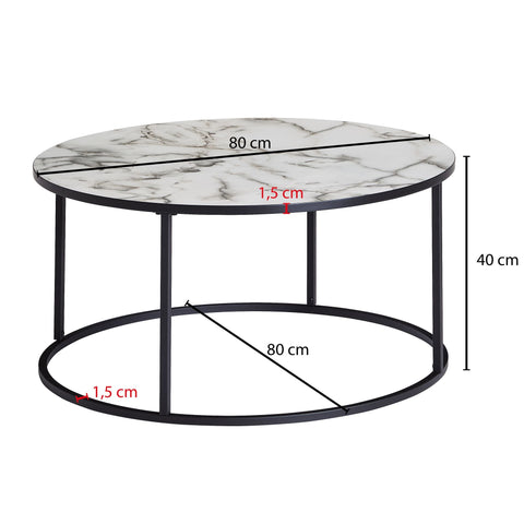 Rootz Round Coffee Table - White Marble Look - Modern Living Room Table with Black Metal Frame - 80x40x80 cm