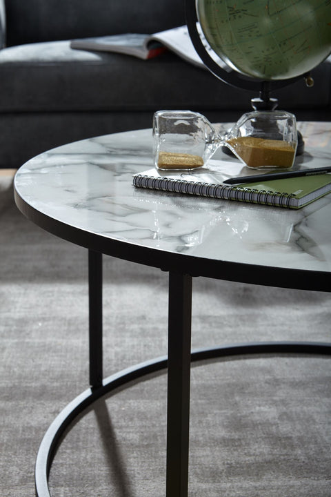 Rootz Round Coffee Table - White Marble Look - Modern Living Room Table with Black Metal Frame - 80x40x80 cm