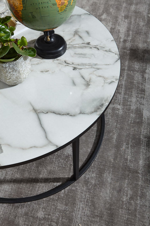 Rootz Round Coffee Table - White Marble Look - Modern Living Room Table with Black Metal Frame - 80x40x80 cm
