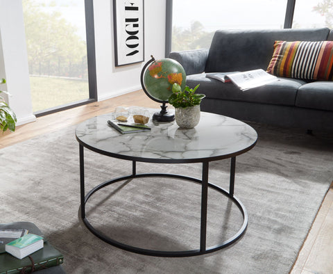 Rootz Round Coffee Table - White Marble Look - Modern Living Room Table with Black Metal Frame - 80x40x80 cm