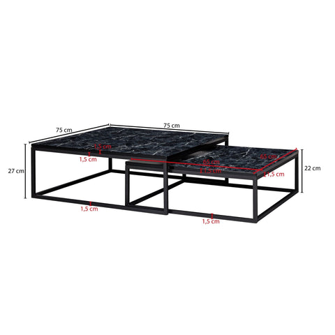 Rootz Coffee Tables - Black Marble Optics - Set of 2 Metal Frame - Noble and Modern Nesting Tables