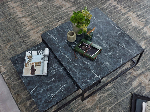 Rootz Coffee Tables - Black Marble Optics - Set of 2 Metal Frame - Noble and Modern Nesting Tables