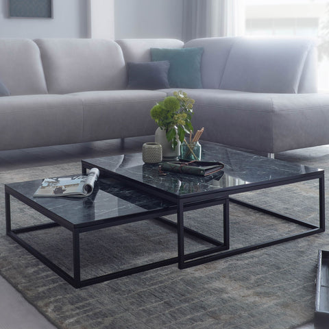 Rootz Coffee Tables - Black Marble Optics - Set of 2 Metal Frame - Noble and Modern Nesting Tables