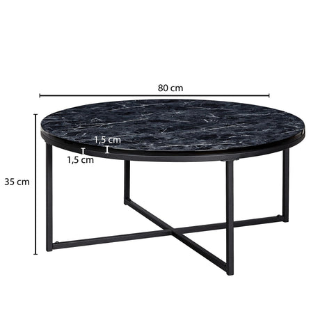 Rootz Coffee Table - Black Marble Look - Metal Frame Living Room Table - Round Table with Side Table - 80x36x80 cm