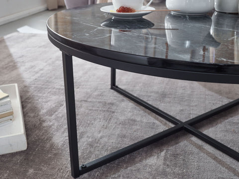 Rootz Coffee Table - Black Marble Look - Metal Frame Living Room Table - Round Table with Side Table - 80x36x80 cm