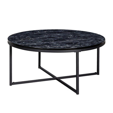 Rootz Coffee Table - Black Marble Look - Metal Frame Living Room Table - Round Table with Side Table - 80x36x80 cm