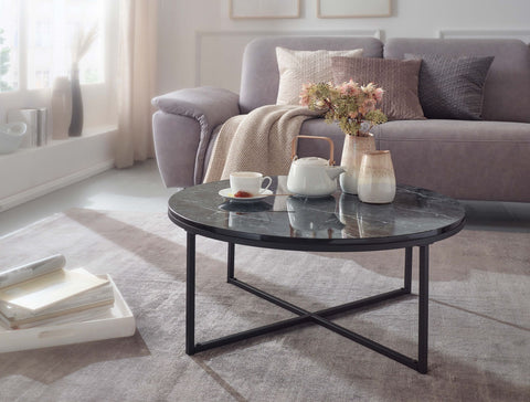 Rootz Coffee Table - Black Marble Look - Metal Frame Living Room Table - Round Table with Side Table - 80x36x80 cm