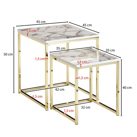 Rootz Side Tables - Set of 2 White Marble Optics Angular - Gold Metal Frame Coffee Table - Modern Square Nesting Tables