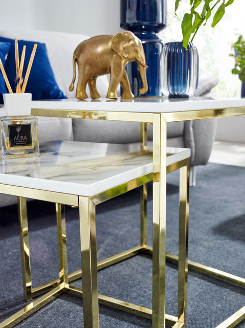 Rootz Side Tables - Set of 2 White Marble Optics Angular - Gold Metal Frame Coffee Table - Modern Square Nesting Tables