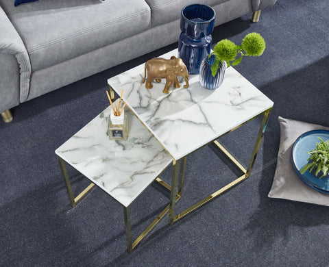 Rootz Side Tables - Set of 2 White Marble Optics Angular - Gold Metal Frame Coffee Table - Modern Square Nesting Tables