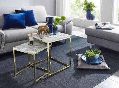 Rootz Side Tables - Set of 2 White Marble Optics Angular - Gold Metal Frame Coffee Table - Modern Square Nesting Tables