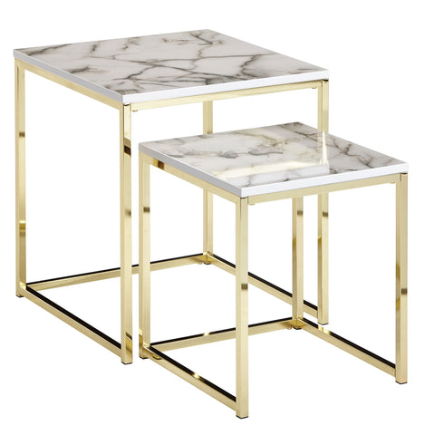 Rootz Side Tables - Set of 2 White Marble Optics Angular - Gold Metal Frame Coffee Table - Modern Square Nesting Tables