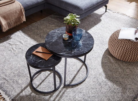 Rootz Round Side Tables - Set of 2 Black Marble Look - Metal Frame Coffee Table - Modern Nesting Tables for Small Living Room
