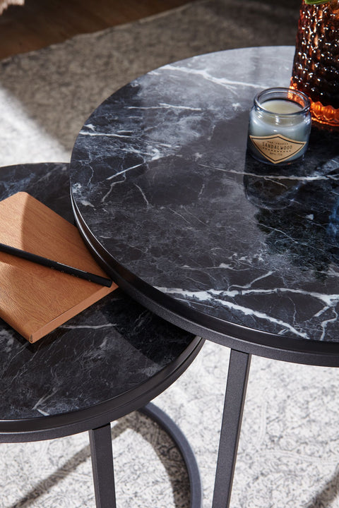 Rootz Round Side Tables - Set of 2 Black Marble Look - Metal Frame Coffee Table - Modern Nesting Tables for Small Living Room