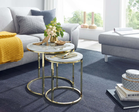Rootz Round Side Tables -  Set of 2 White Marble Look - Gold Metal Frame Coffee Table - Modern Nesting Tables for Small Living Room