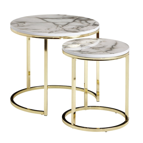 Rootz Round Side Tables -  Set of 2 White Marble Look - Gold Metal Frame Coffee Table - Modern Nesting Tables for Small Living Room