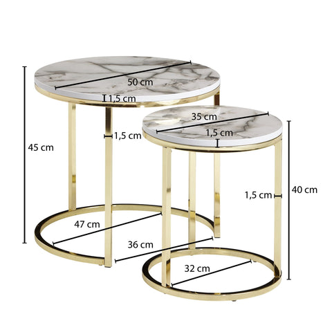 Rootz Round Side Tables -  Set of 2 White Marble Look - Gold Metal Frame Coffee Table - Modern Nesting Tables for Small Living Room