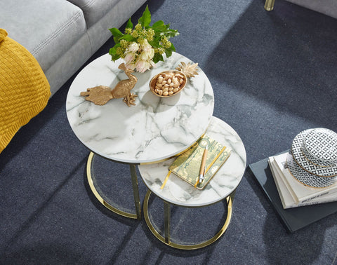 Rootz Round Side Tables -  Set of 2 White Marble Look - Gold Metal Frame Coffee Table - Modern Nesting Tables for Small Living Room