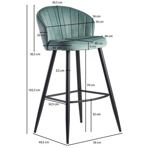 Rootz Bar Stool with Backrest - Scandinavian Fabric Kitchen Stool - Metal 110 kg - Design Bistro Stool - Upholstered Barstool -  Light Green Velvet - 56x102.5x52.5 cm