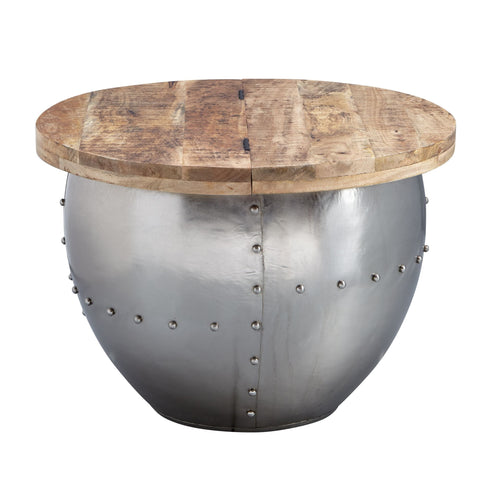Rootz Coffee Table - Metal - Industrial Round - Design Living Room Table with Storage - Modern Silver Lounge Table - Mango Solid Wood - 60x43x60 cm