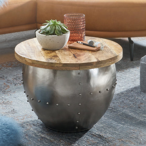 Rootz Coffee Table - Metal - Industrial Round - Design Living Room Table with Storage - Modern Silver Lounge Table - Mango Solid Wood - 60x43x60 cm