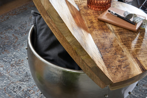 Rootz Coffee Table - Metal - Industrial Round - Design Living Room Table with Storage - Modern Silver Lounge Table - Mango Solid Wood - 60x43x60 cm