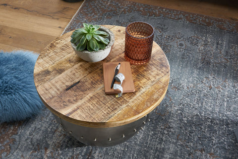 Rootz Coffee Table - Metal - Industrial Round - Design Living Room Table with Storage - Modern Silver Lounge Table - Mango Solid Wood - 60x43x60 cm