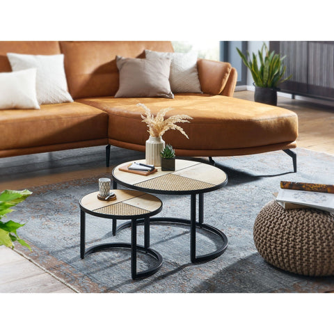 Rootz Coffee Tables - Coffee Tables - Set Of 2 - Side Tables - Solid Wood - Mango Wood - Rattan - Black - Brown