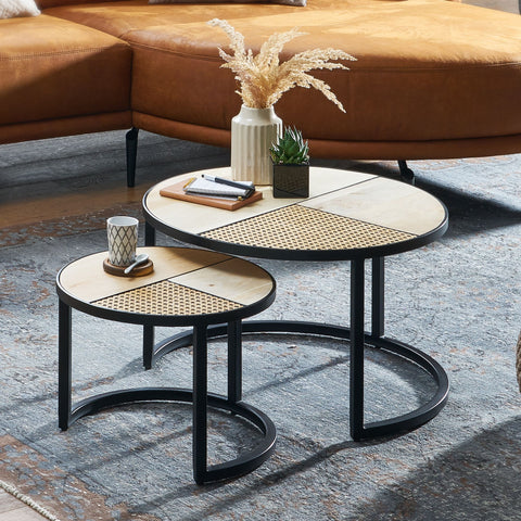 Rootz Coffee Tables - Coffee Tables - Set Of 2 - Side Tables - Solid Wood - Mango Wood - Rattan - Black - Brown