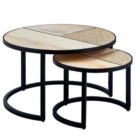 Rootz Coffee Tables - Coffee Tables - Set Of 2 - Side Tables - Solid Wood - Mango Wood - Rattan - Black - Brown