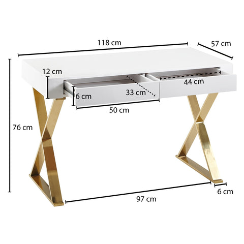 Rootz Desk - Golden Metal Legs - Modern Design Computer Desk - Office Desk with Drawers - Wood High Gloss White - 118x76x57 cm