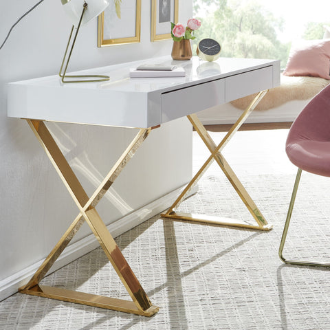 Rootz Desk - Golden Metal Legs - Modern Design Computer Desk - Office Desk with Drawers - Wood High Gloss White - 118x76x57 cm