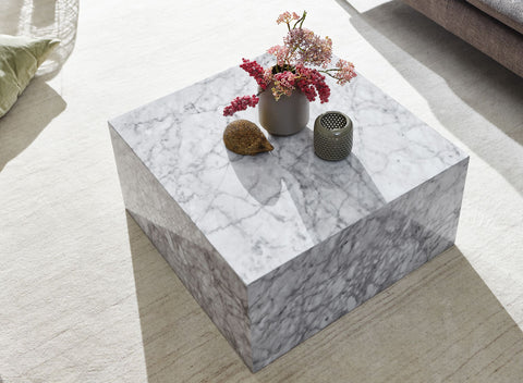 Rootz Coffee Table - Marble Look Design - Cube Square Living Room Table - Lounge Side Table - White High Gloss - 60x30x60 cm