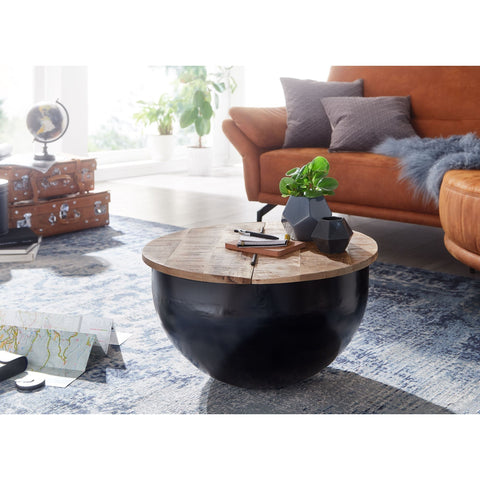 Rootz Coffee table - Storage space - Coffee table - Side table - Round - Black - Brown - Mango wood - Metal - 60 x 60 x 34 cm