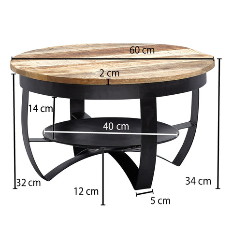 Rootz Industrial Round Coffee Table - Mango Solid Wood and Metal - Black - Solid Living Room Table - Small Coffee Table - 60x34x60 cm
