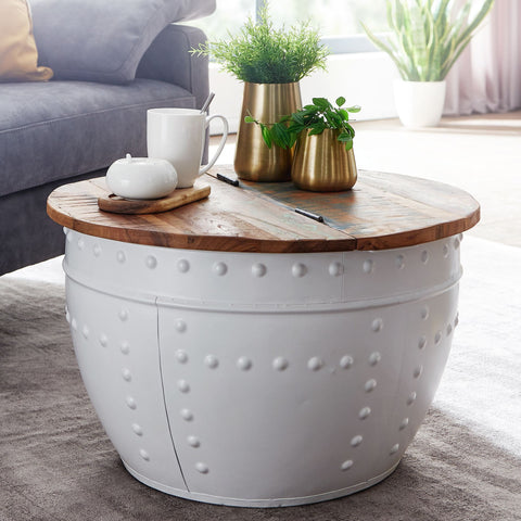 Rootz Industrial Round Coffee Table - Mango Wood and Metal - White - Design Living Room Table with Storage - Modern Lounge Sofa Table - 60x36x60 cm