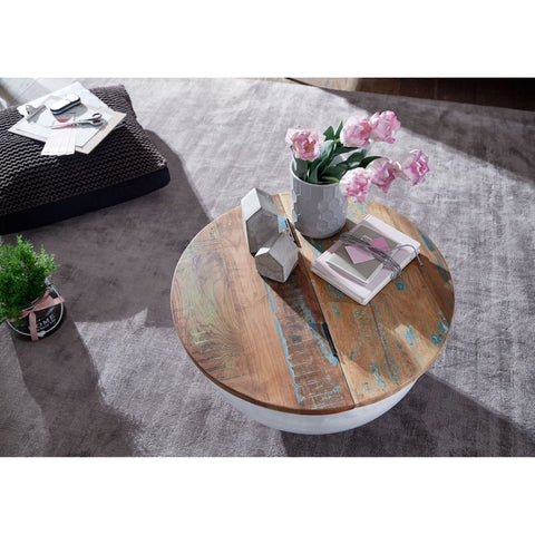 Rootz Coffee Table - Coffee Table - Round Table - Side Table - Storage Space - Solid Mango Wood - Recycled Wood - Black/White - 60 x 60 x 34 cm