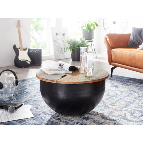 Rootz Coffee Table - Coffee Table - Round Table - Side Table - Storage Space - Solid Mango Wood - Recycled Wood - Black/White - 60 x 60 x 34 cm