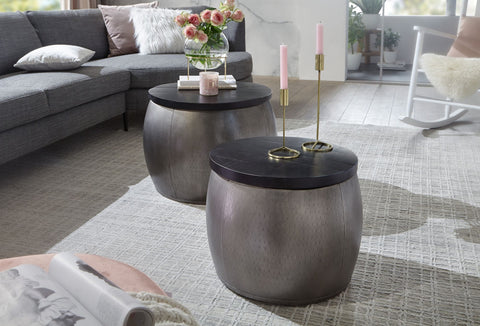 Rootz Nesting Tables - Silver Design Coffee Table - Removable Aluminum Cover - Modern Metal Side Table with Wood Base - 2-Piece Storage Table - Round Mango Wood