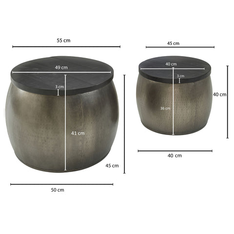 Rootz Nesting Tables - Silver Design Coffee Table - Removable Aluminum Cover - Modern Metal Side Table with Wood Base - 2-Piece Storage Table - Round Mango Wood