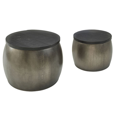 Rootz Nesting Tables - Silver Design Coffee Table - Removable Aluminum Cover - Modern Metal Side Table with Wood Base - 2-Piece Storage Table - Round Mango Wood