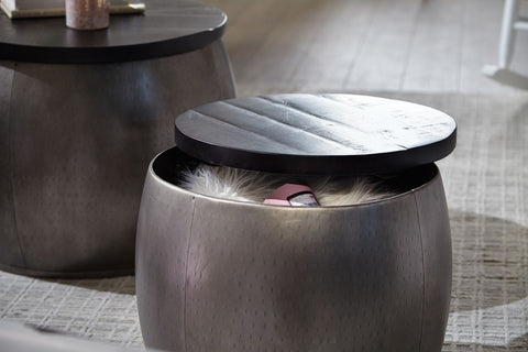 Rootz Nesting Tables - Silver Design Coffee Table - Removable Aluminum Cover - Modern Metal Side Table with Wood Base - 2-Piece Storage Table - Round Mango Wood