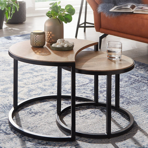 Rootz Coffee Tables - Set Of 2 - Coffee Tables - Round Tables - Brown - Black - Solid Mango Wood - Metal