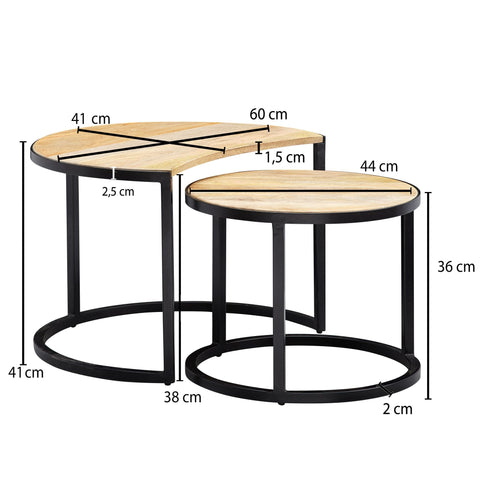 Rootz Coffee Tables - Set Of 2 - Coffee Tables - Round Tables - Brown - Black - Solid Mango Wood - Metal